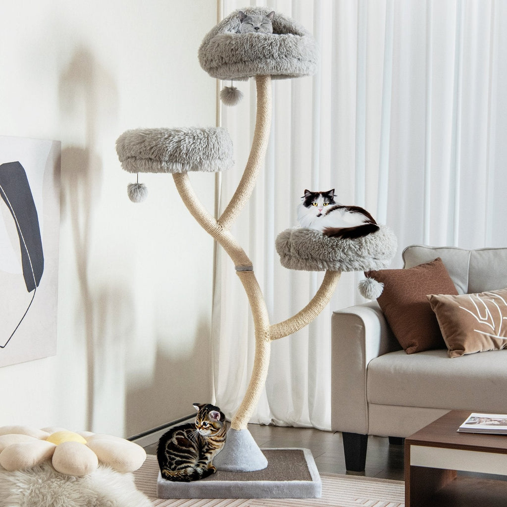 70 Inch Tall Cat Tree 4-Layer Cat Tower with 3 Perches and Dangling Balls-Beige