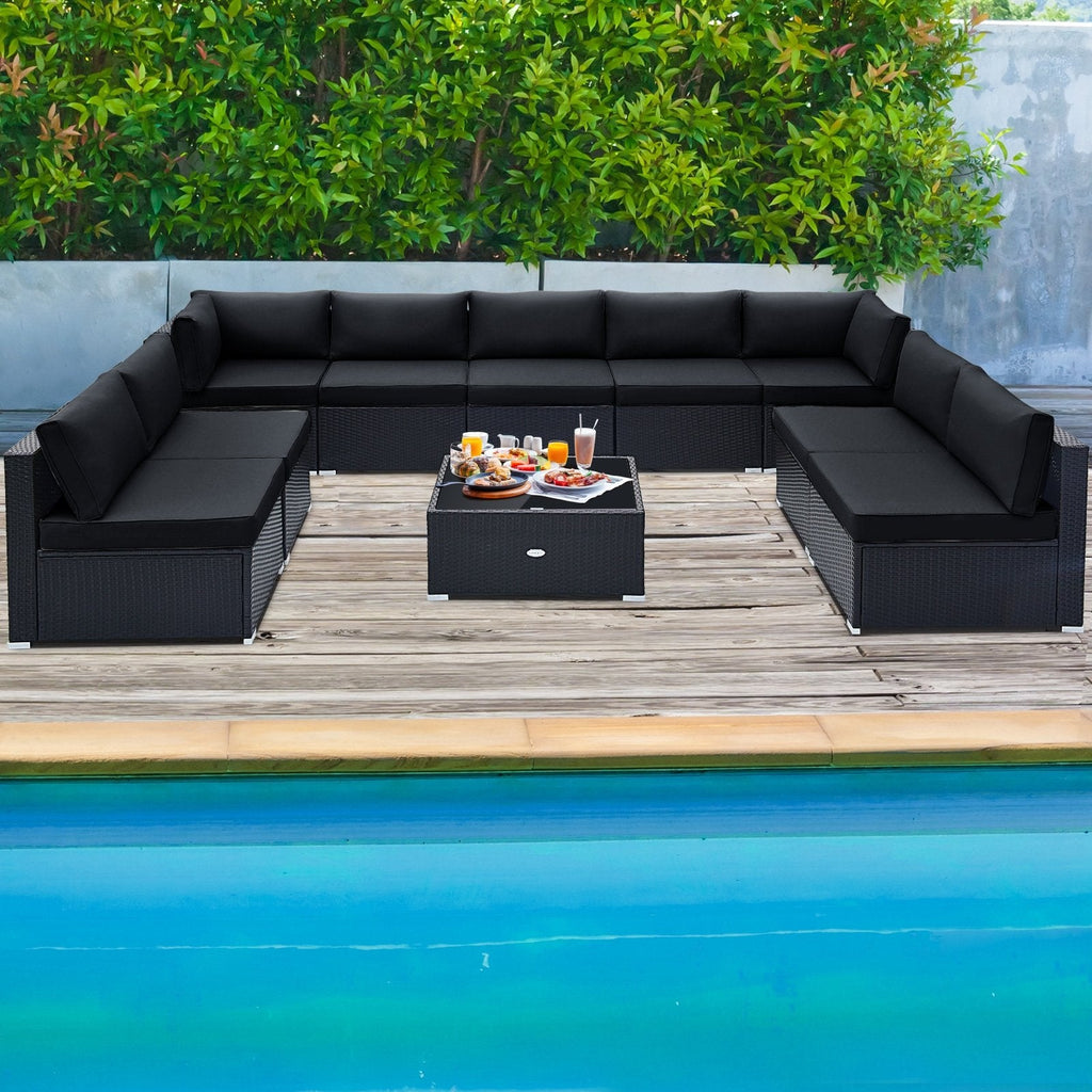 10 Piece Outdoor Wicker Conversation Set with Seat and Back Cushions-Beige