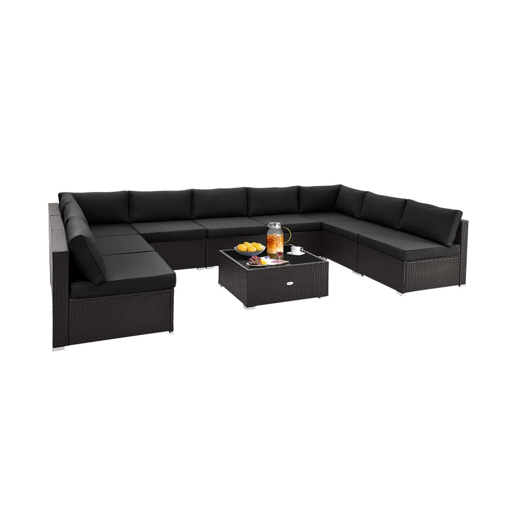 10 Piece Outdoor Wicker Conversation Set with Seat and Back Cushions-Beige