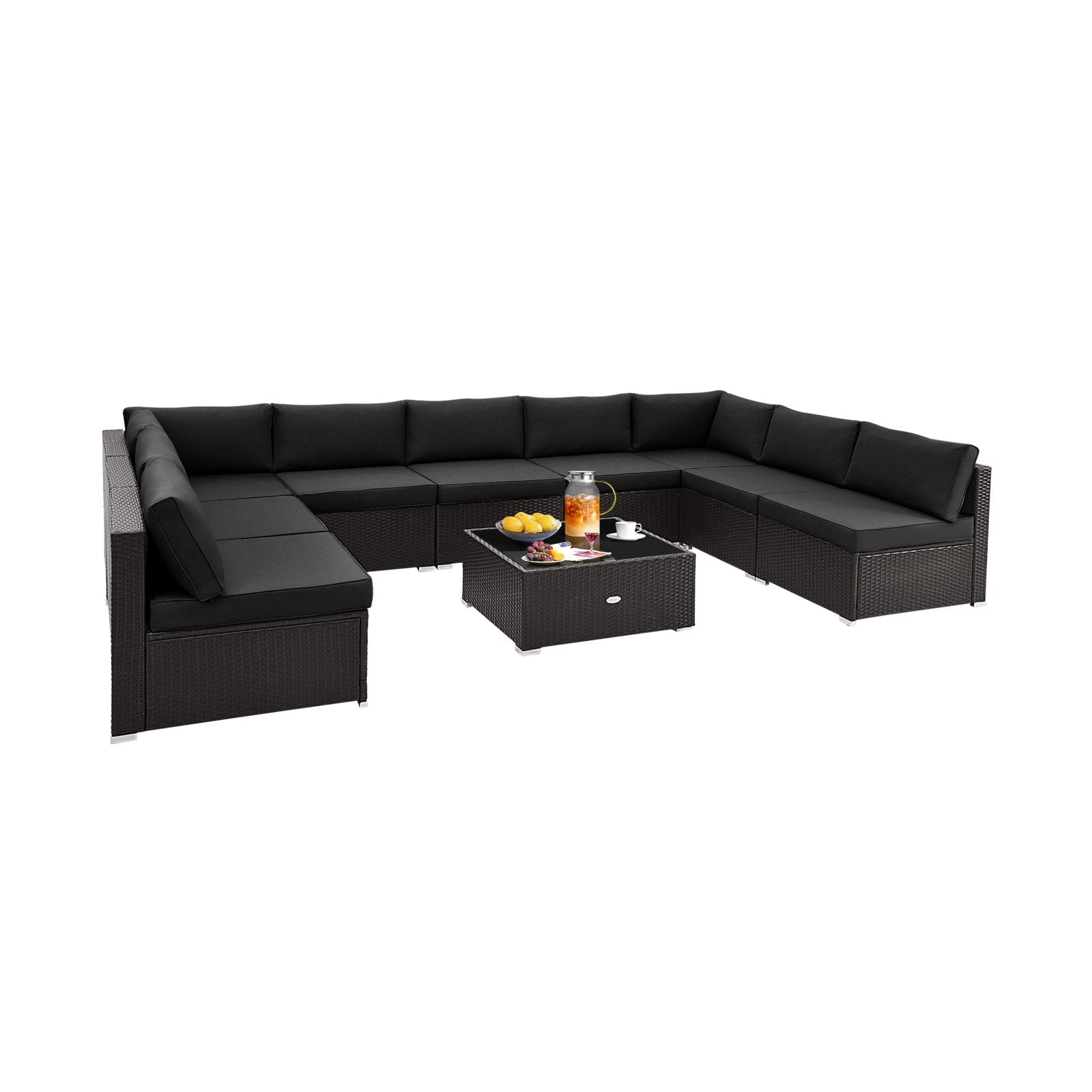 10 Piece Outdoor Wicker Conversation Set with Seat and Back Cushions-Beige