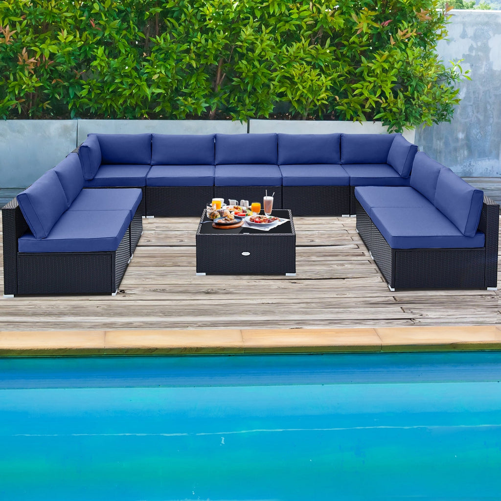 10 Piece Outdoor Wicker Conversation Set with Seat and Back Cushions-Beige