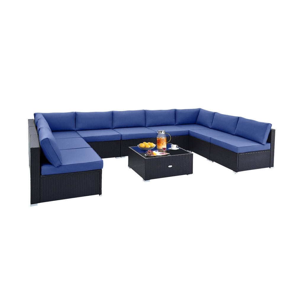 10 Piece Outdoor Wicker Conversation Set with Seat and Back Cushions-Beige