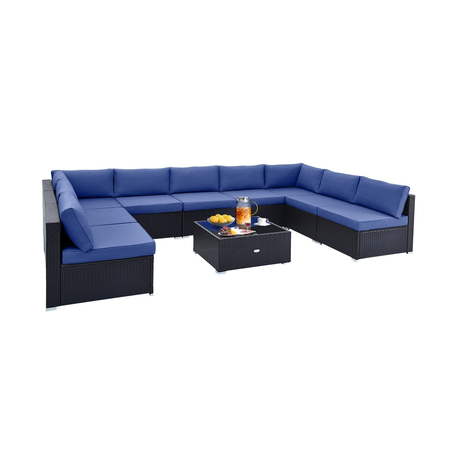 10 Piece Outdoor Wicker Conversation Set with Seat and Back Cushions-Beige