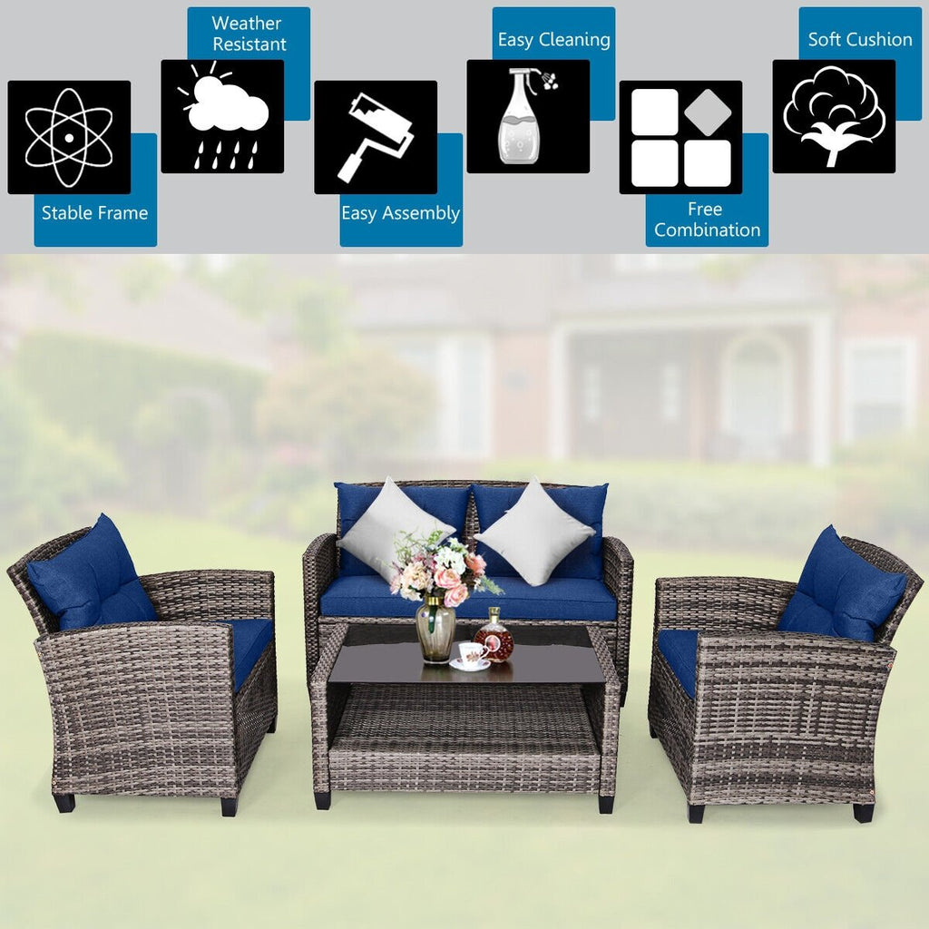 4 Pieces Patio Rattan Furniture Set Coffee Table Cushioned Sofa-Gray