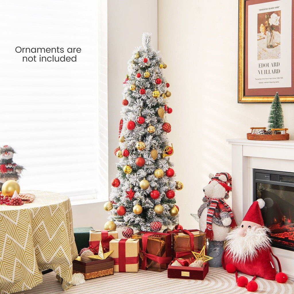 4.5/6/7 Feet Christmas Tree with 258 Branch Tips and 100 Incandescent Lights-Flocked and Slim-6 Feet
