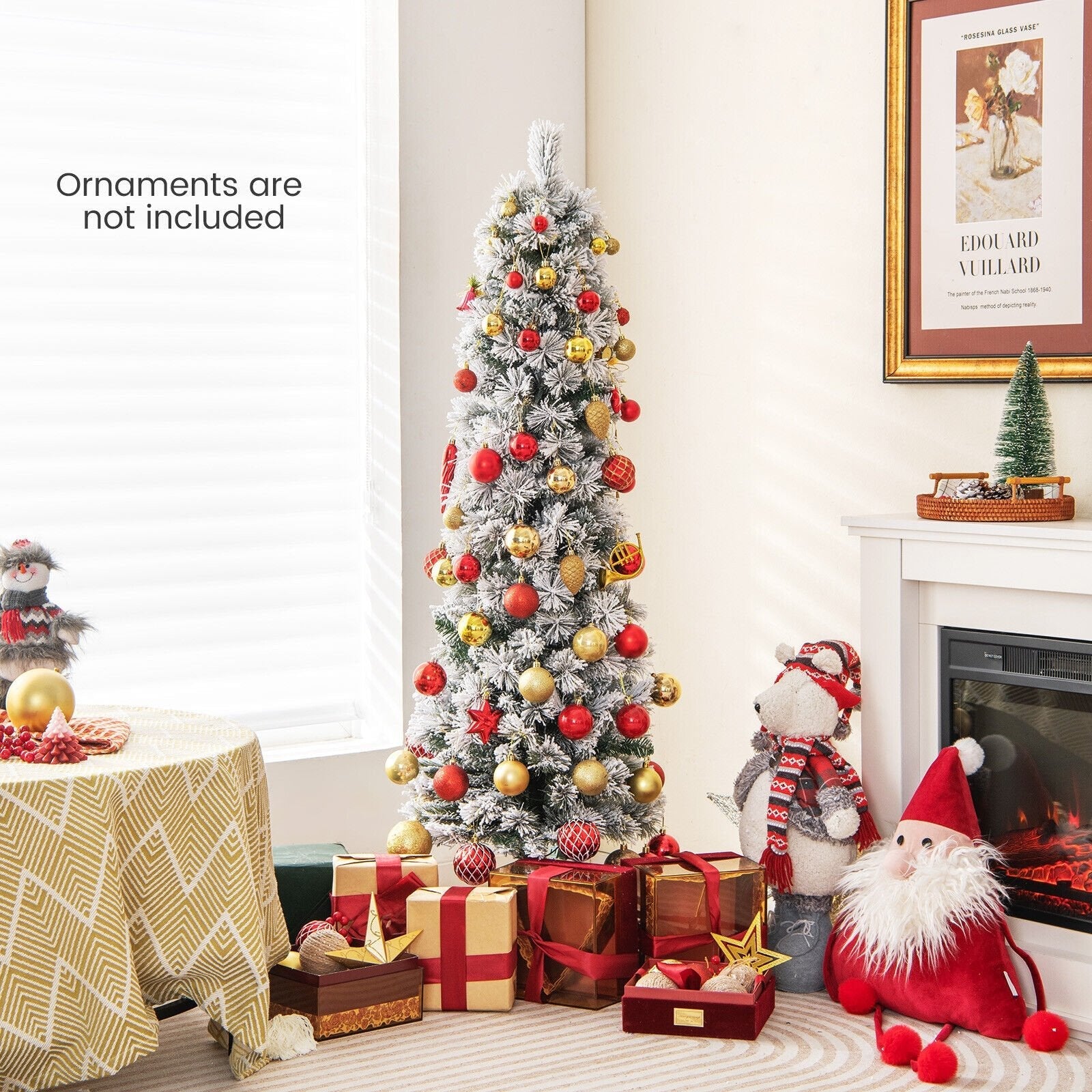 4.5/6/7 Feet Christmas Tree with 258 Branch Tips and 100 Incandescent Lights-Flocked and Slim-6 Feet