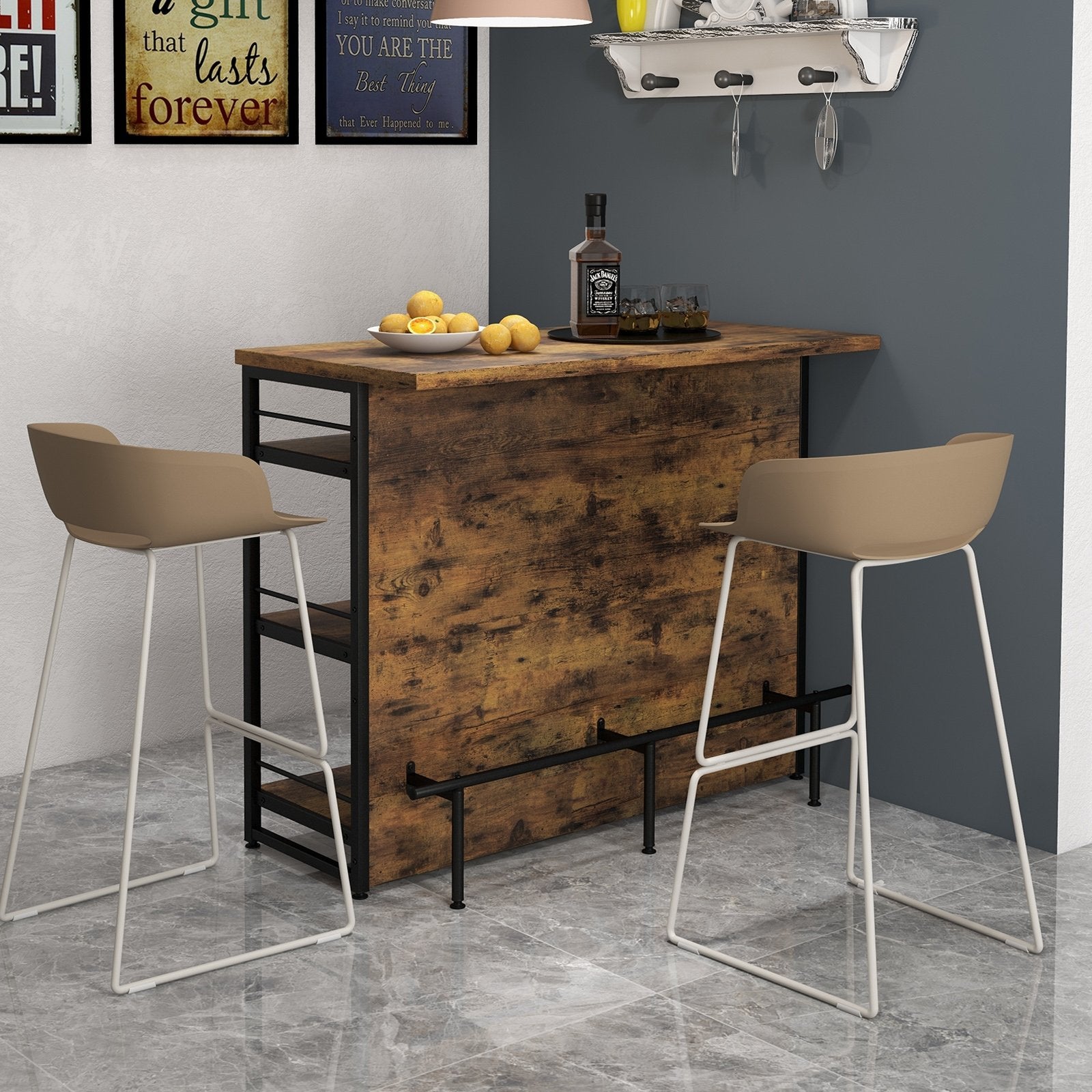 Kitchen Island with 4-Tier Storage Shelf and Long Footrest for Home-Rustic Brown