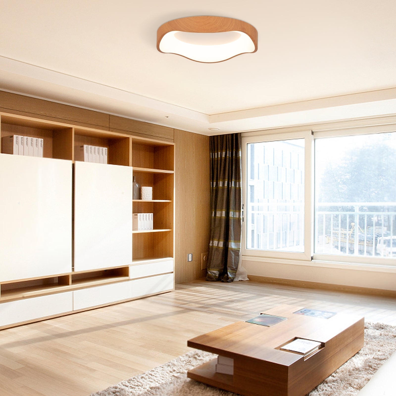 24W Modern LED Mount Ceiling Light with Wood Pattern and Metal Frame-Brown