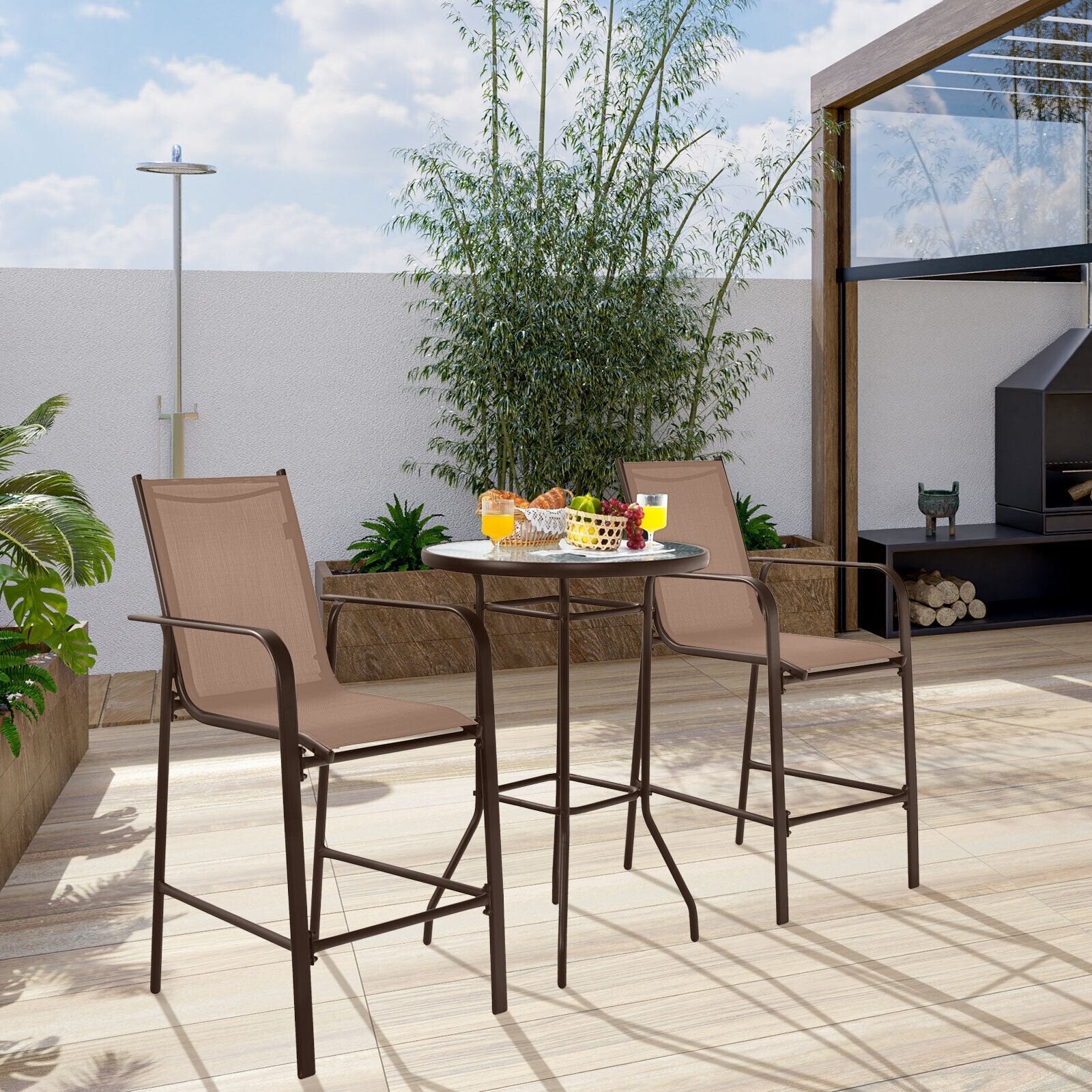 3 Pieces Outdoor Patio Bar Table Stool Set-Black