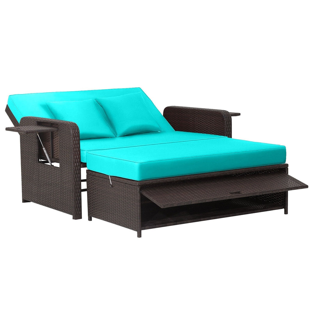 Patio Rattan Daybed with 4-Level Adjustable Backrest and Retractable Side Tray-Black