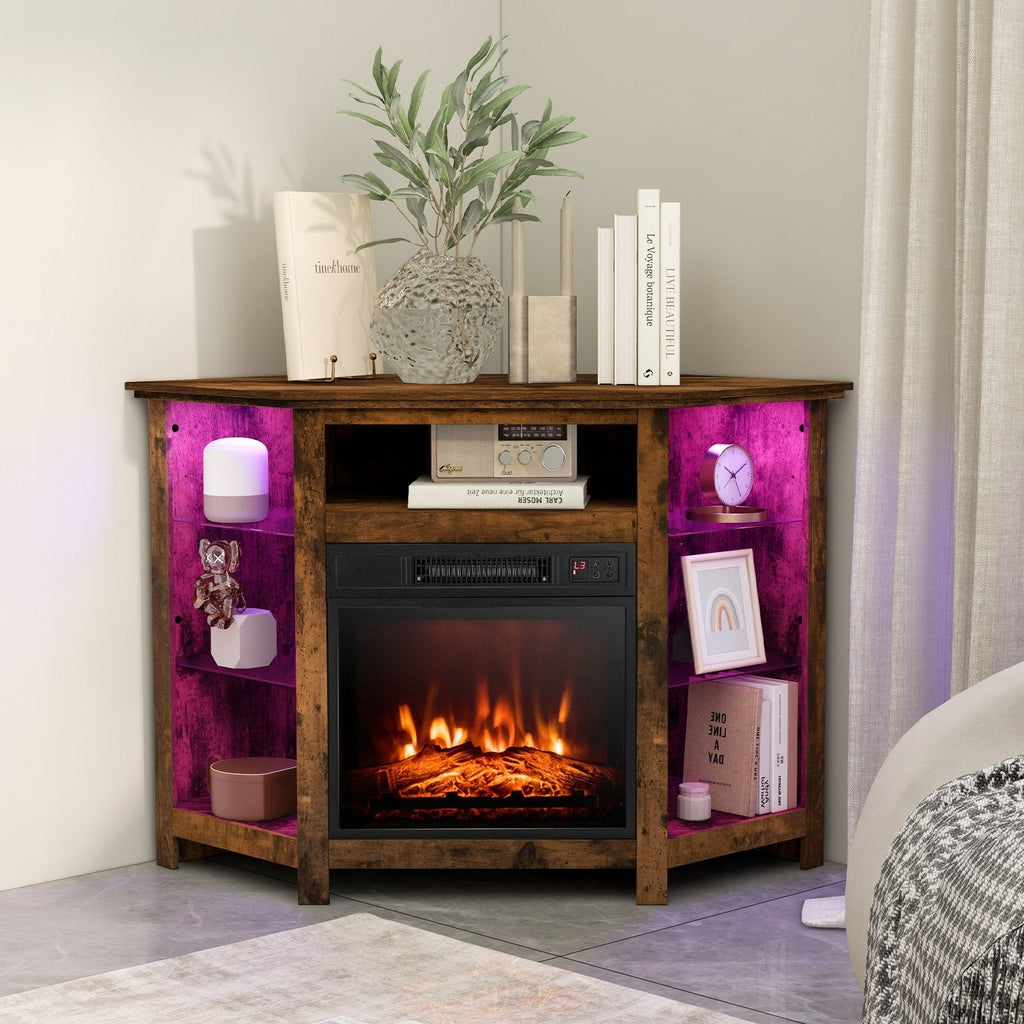 Fireplace Corner TV Stand with LED Lights and Smart APP Control for 50 Inches TV-Black
