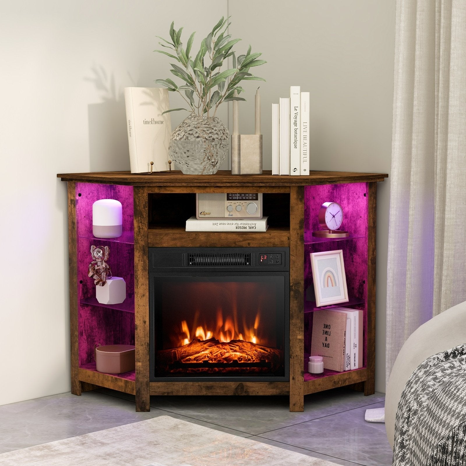 Fireplace Corner TV Stand with LED Lights and Smart APP Control for 50 Inches TV-Black