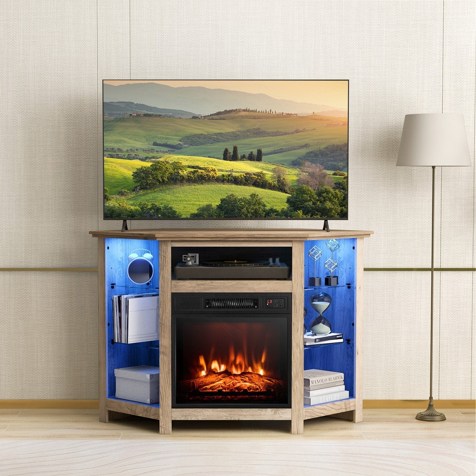 Fireplace Corner TV Stand with LED Lights and Smart APP Control for 50 Inches TV-Black