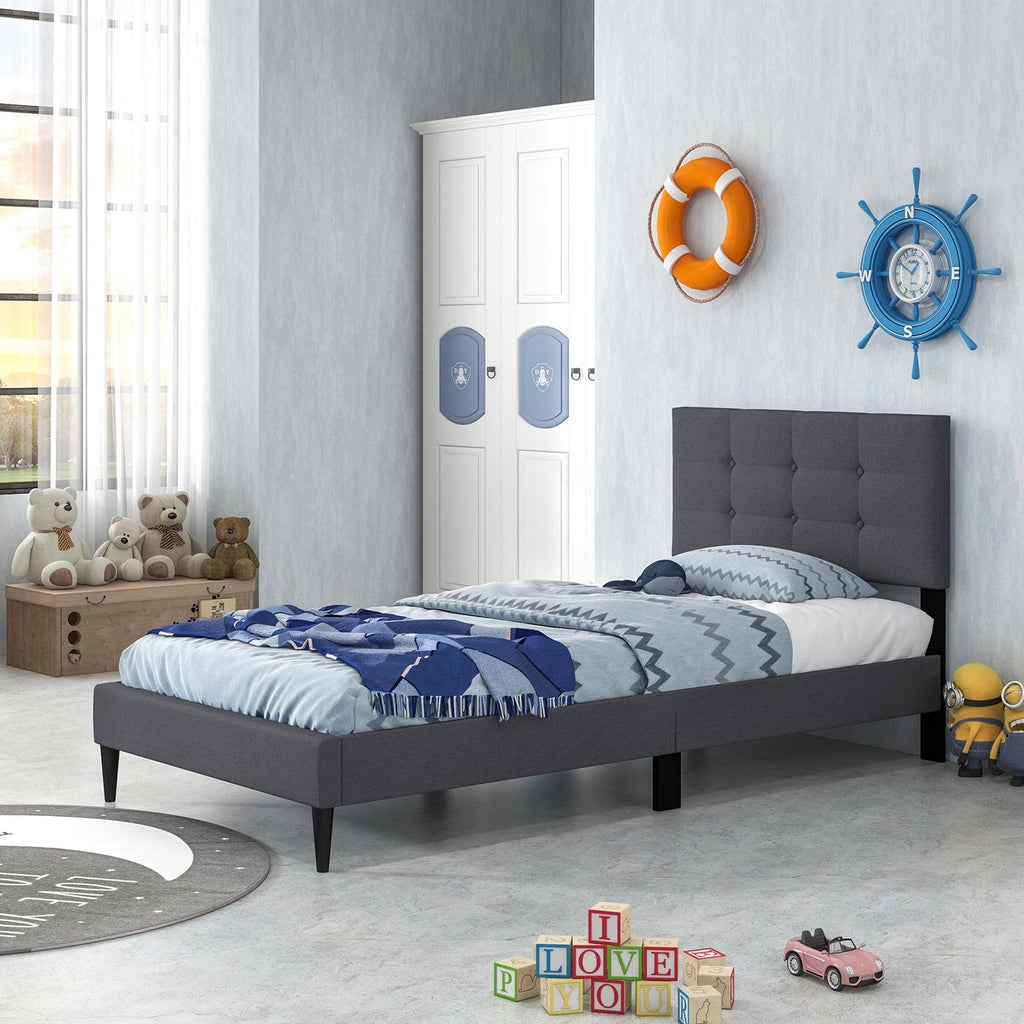 Twin Size Upholstered Platform Bed with Button Tufted Headboard-Blue