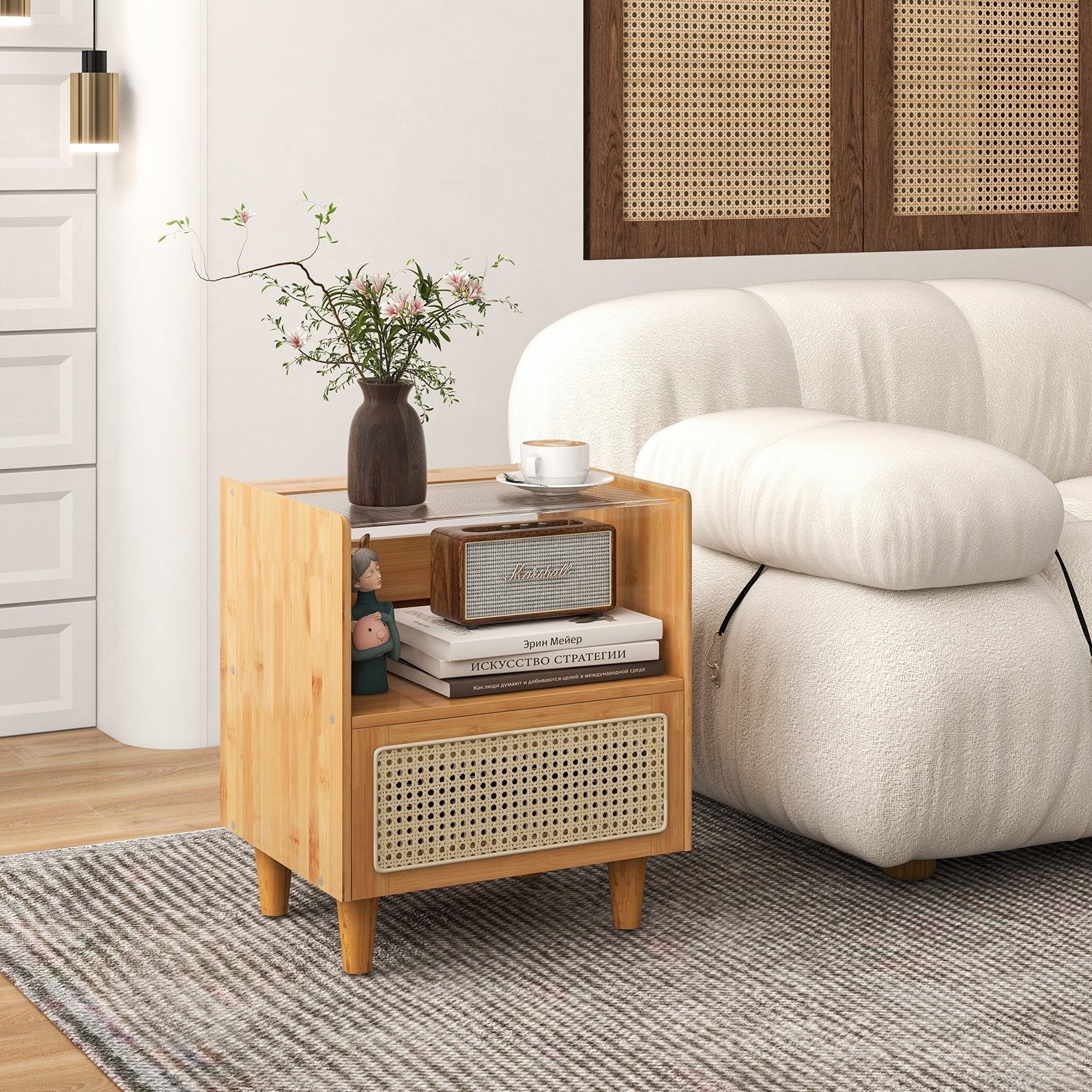 Bamboo Rattan Nightstand with Drawer and Solid Wood Legs-Brown