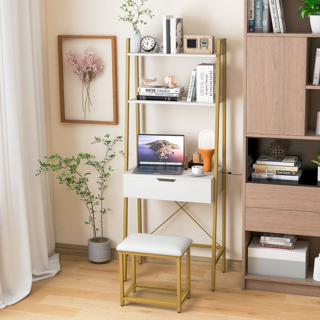 Ladder Vanity Desk Set with Flip Top Mirror and Cushioned Stool-Black