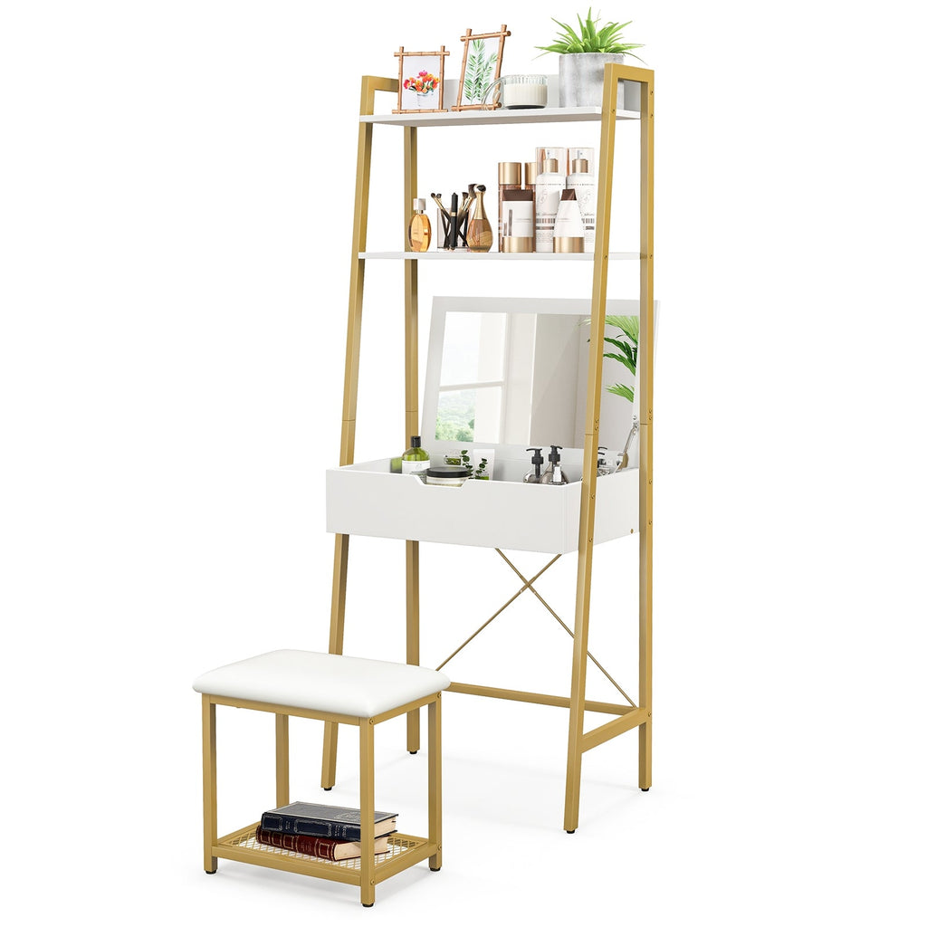 Ladder Vanity Desk Set with Flip Top Mirror and Cushioned Stool-Black