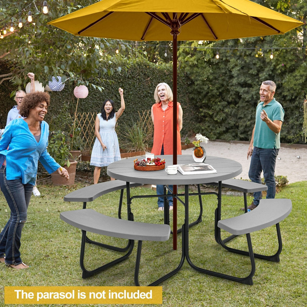 8-Person Outdoor Picnic Table and Bench Set with Umbrella Hole-Black