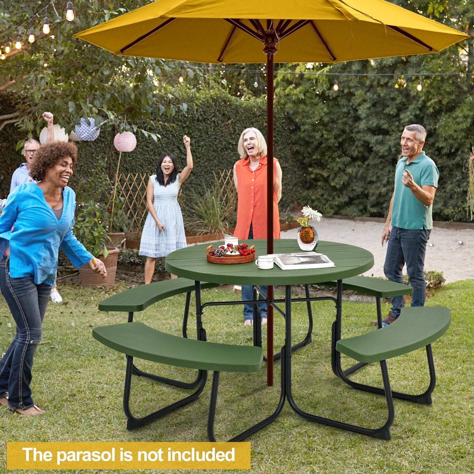 8-Person Outdoor Picnic Table and Bench Set with Umbrella Hole-Black