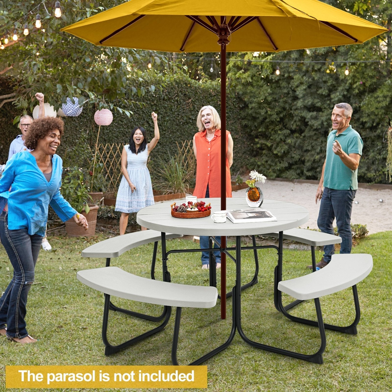 8-Person Outdoor Picnic Table and Bench Set with Umbrella Hole-Black