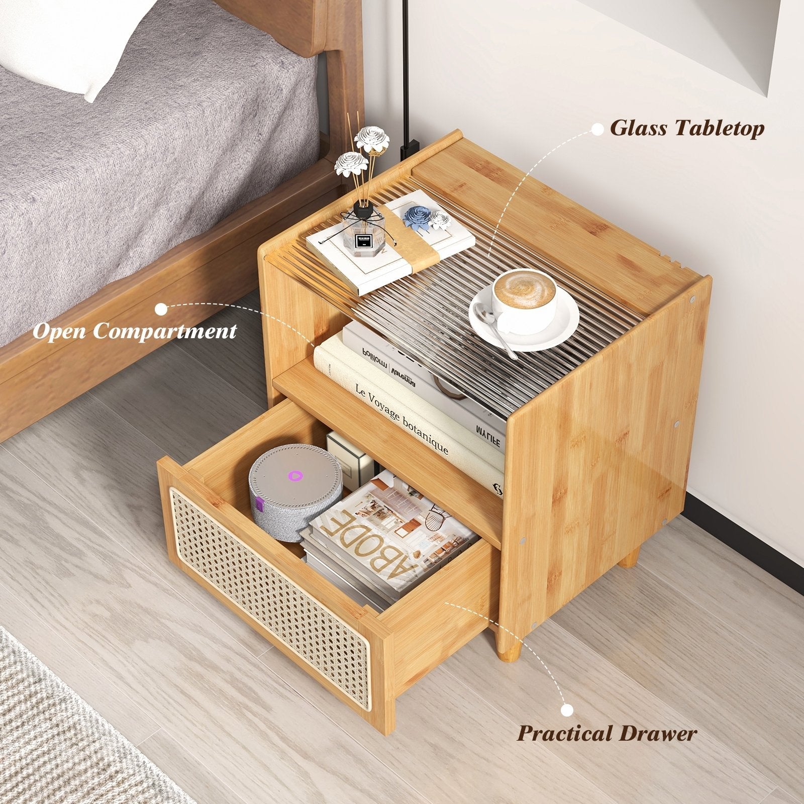 2 Pieces Bamboo Rattan Nightstand with Drawer and Solid Wood Legs-Brown