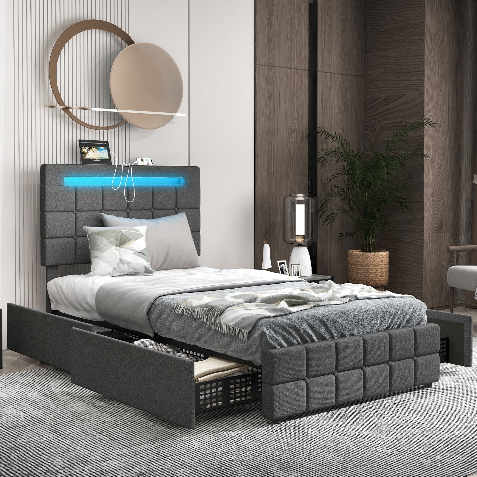 Upholstered LED Bed Frame with Headboard and 4 Drawers-Full Size