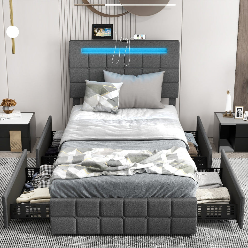 Upholstered LED Bed Frame with Headboard and 4 Drawers-Full Size