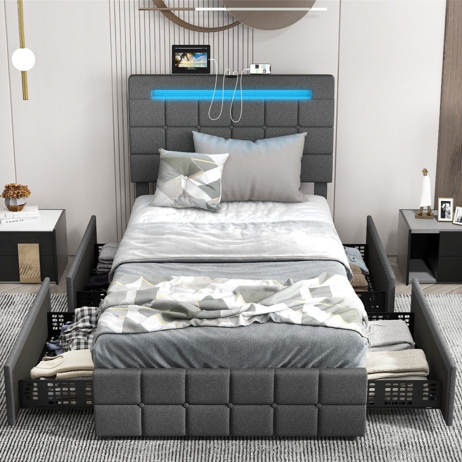Upholstered LED Bed Frame with Headboard and 4 Drawers-Full Size