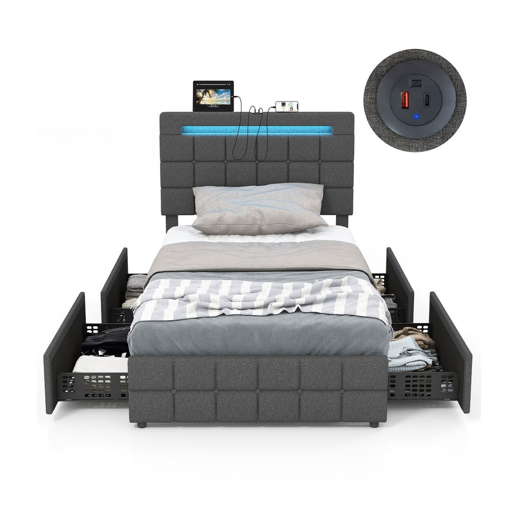 Upholstered LED Bed Frame with Headboard and 4 Drawers-Full Size