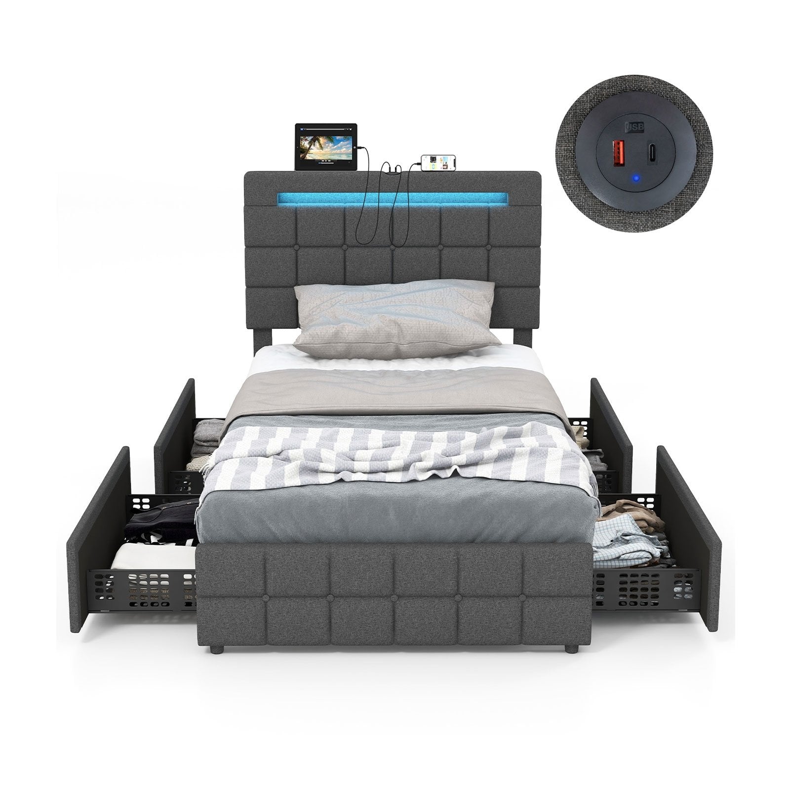 Upholstered LED Bed Frame with Headboard and 4 Drawers-Full Size