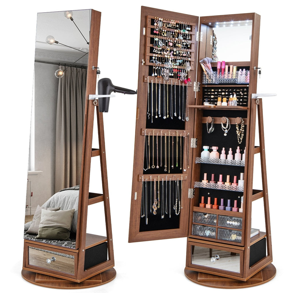 Lockable 360° Swivel Jewelry Cabinet with Full-Length Mirror LED Lights-Black