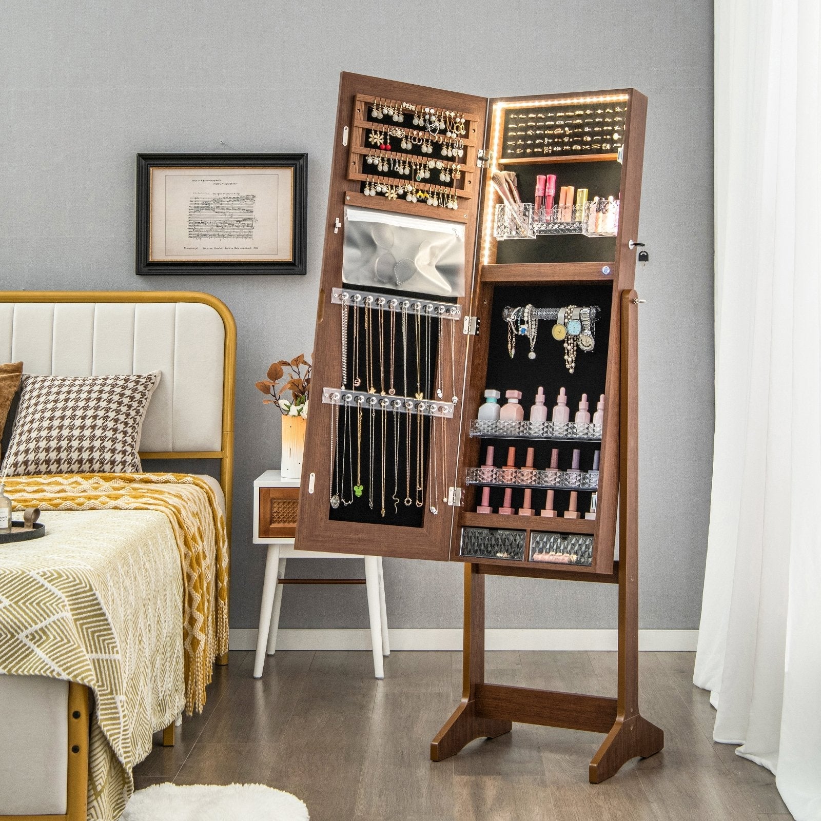 Lockable Jewelry Armoire Standing Cabinet with Lighted Full-Length Mirror-Rustic Brown