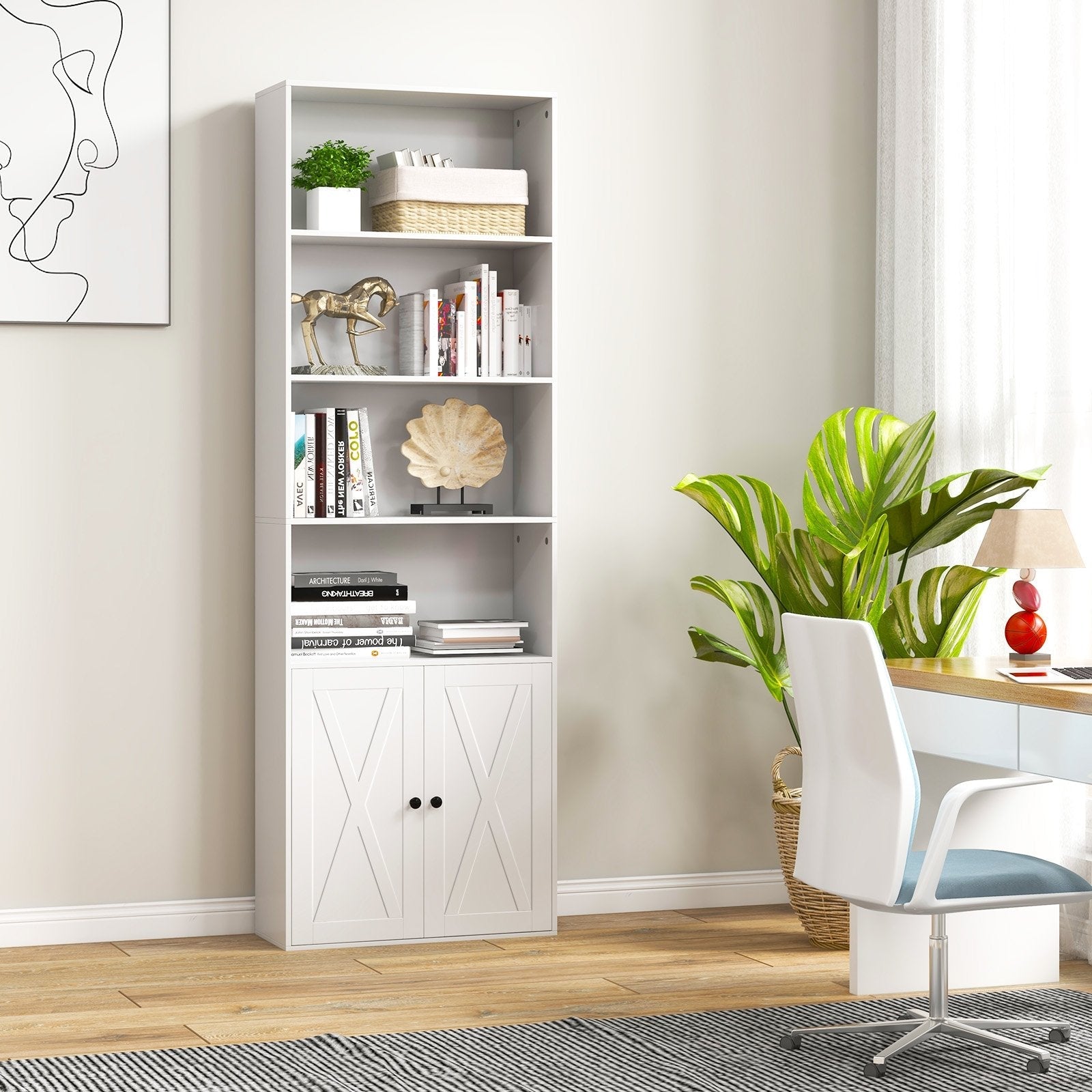 71 Inch Freestanding Bookshelf with 6 Shelves and 2-Door Cabinet-Black