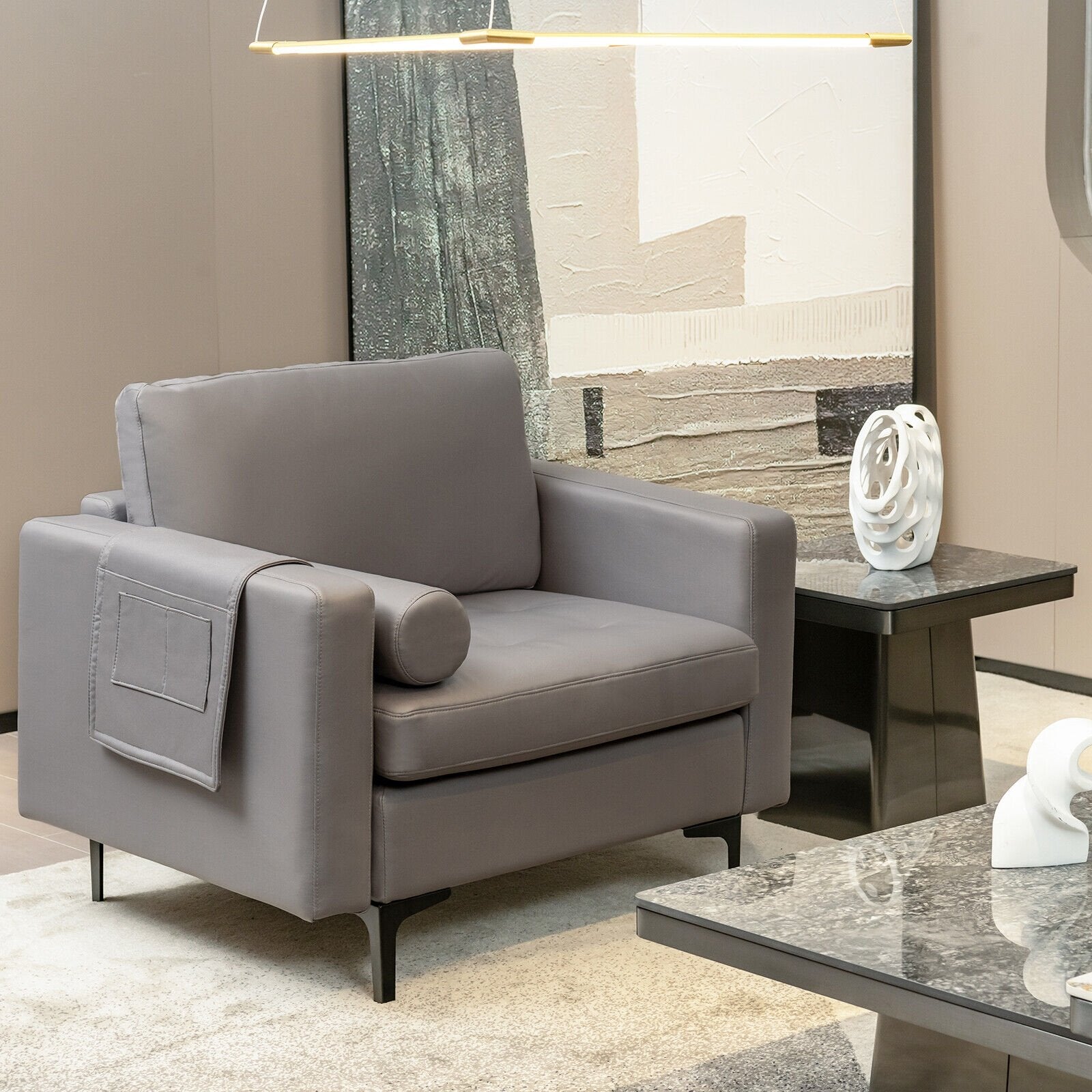 Modern Accent Chair with Bolster and Side Storage Pocket-Army Green