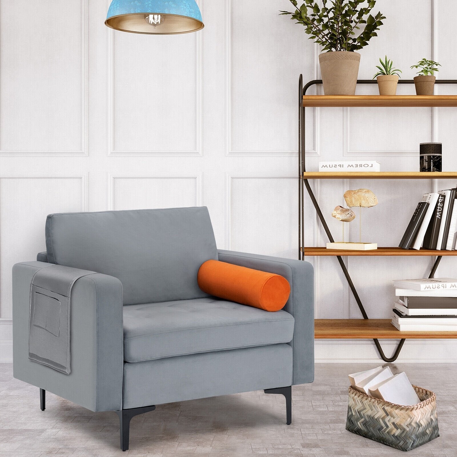 Modern Accent Chair with Bolster and Side Storage Pocket-Army Green