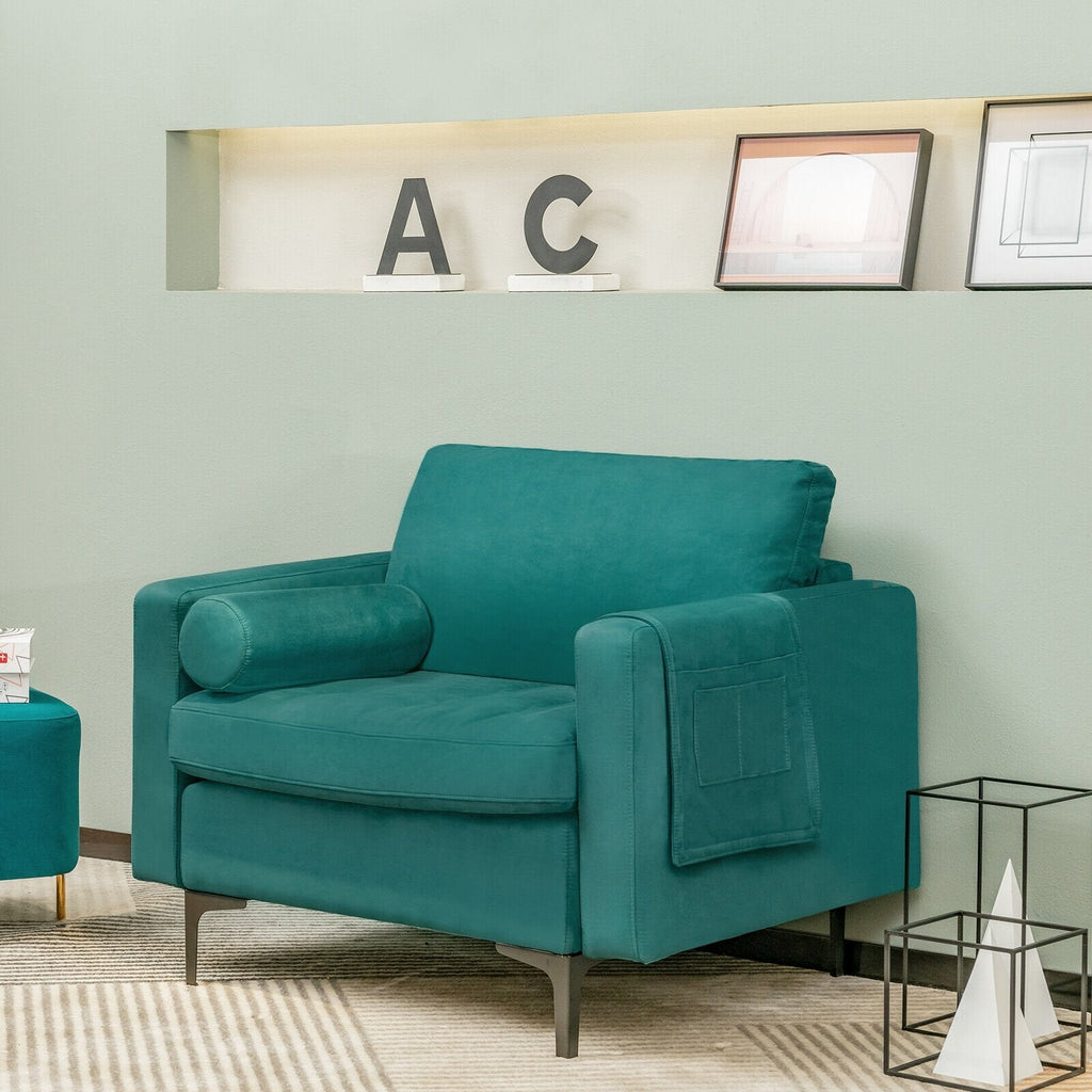 Modern Accent Chair with Bolster and Side Storage Pocket-Army Green