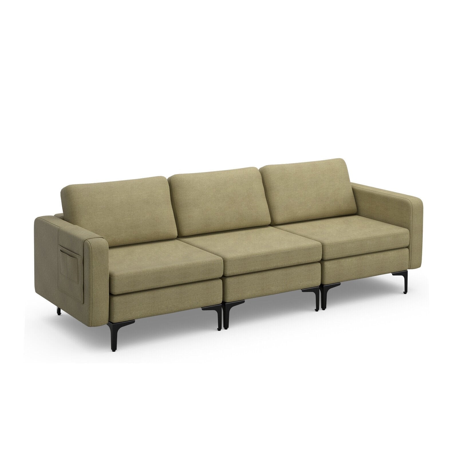 3-Seat Sectional Sofa Couch with Armrest Magazine Pocket and Metal Leg-Blue