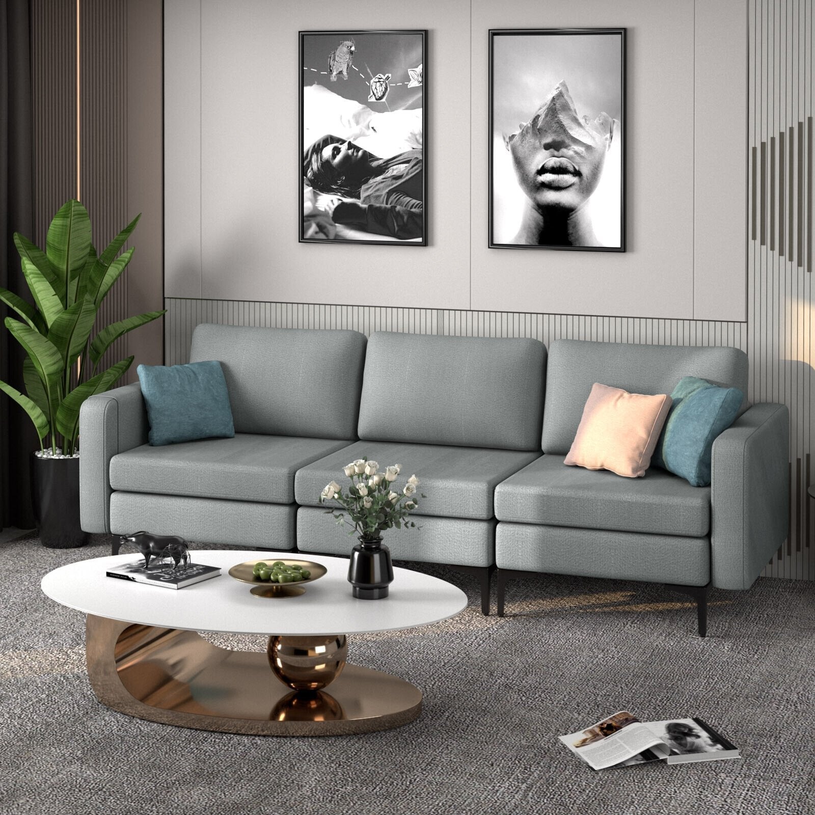 3-Seat Sectional Sofa Couch with Armrest Magazine Pocket and Metal Leg-Blue