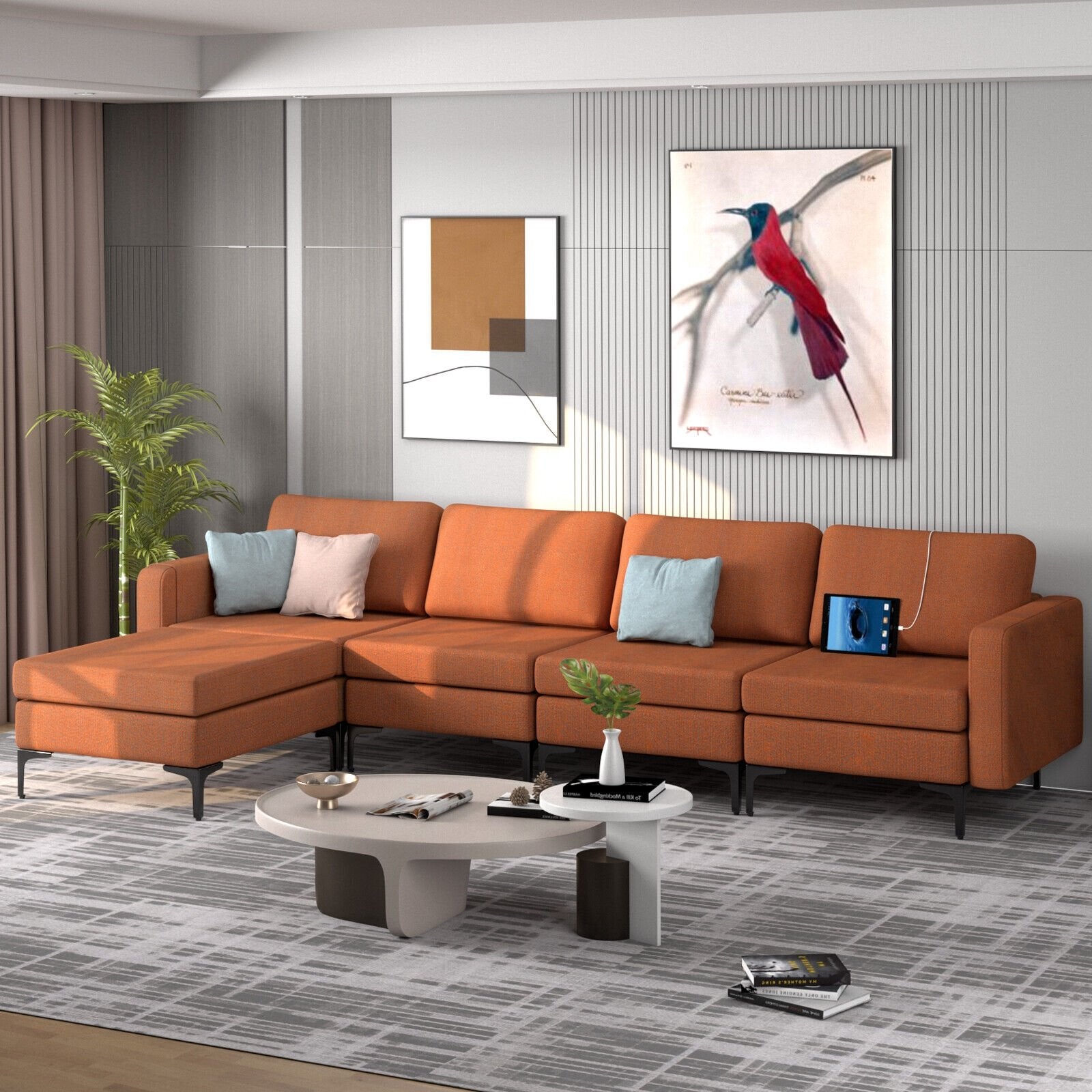 Modular L-shaped Sectional Sofa with Reversible Ottoman and 2 USB Ports-Blue