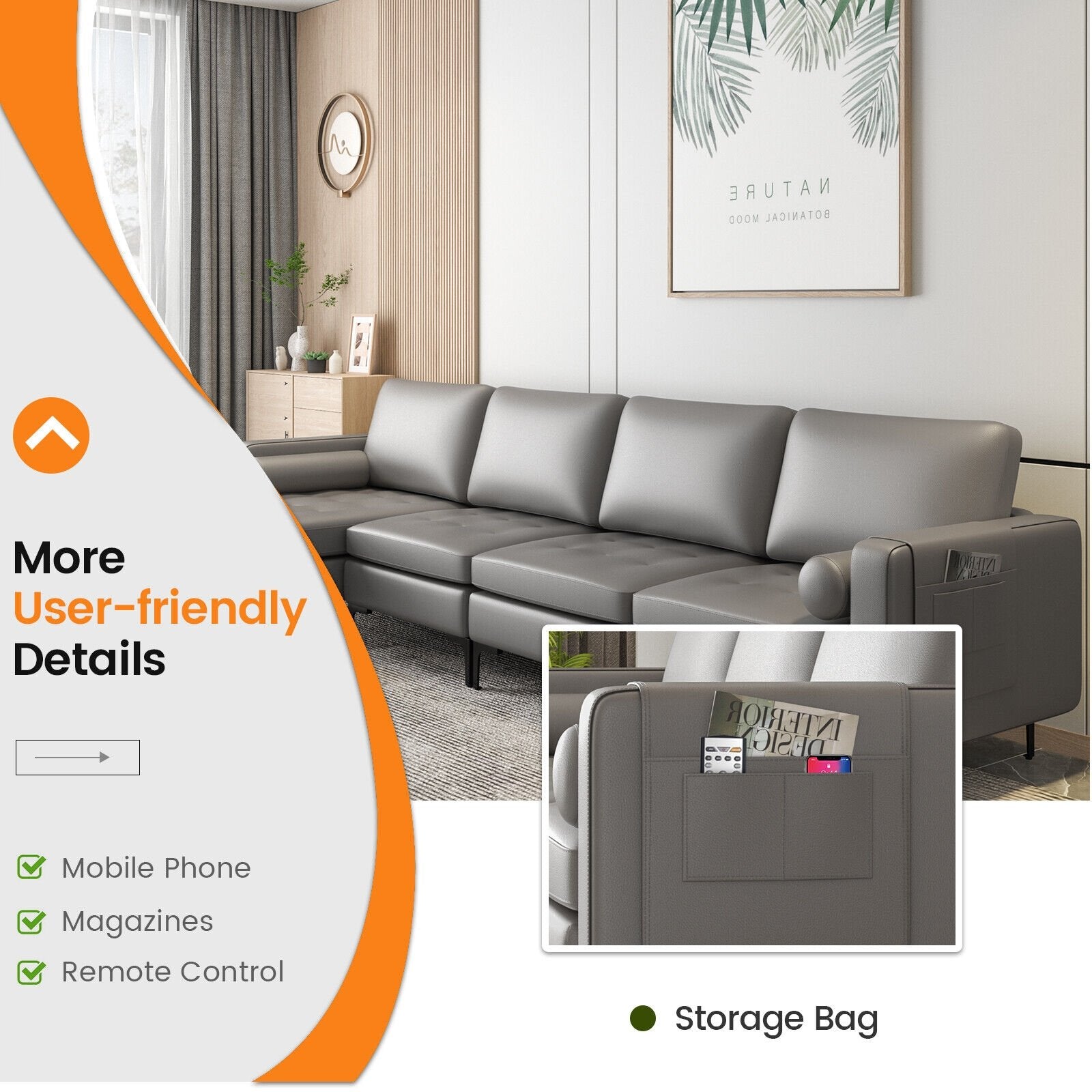 Modular 2-seat/3-Seat/4-Seat L-shaped Sectional Sofa Couch with Reversible Chaise and Socket USB Ports-4-Seat L-shaped-Army Green