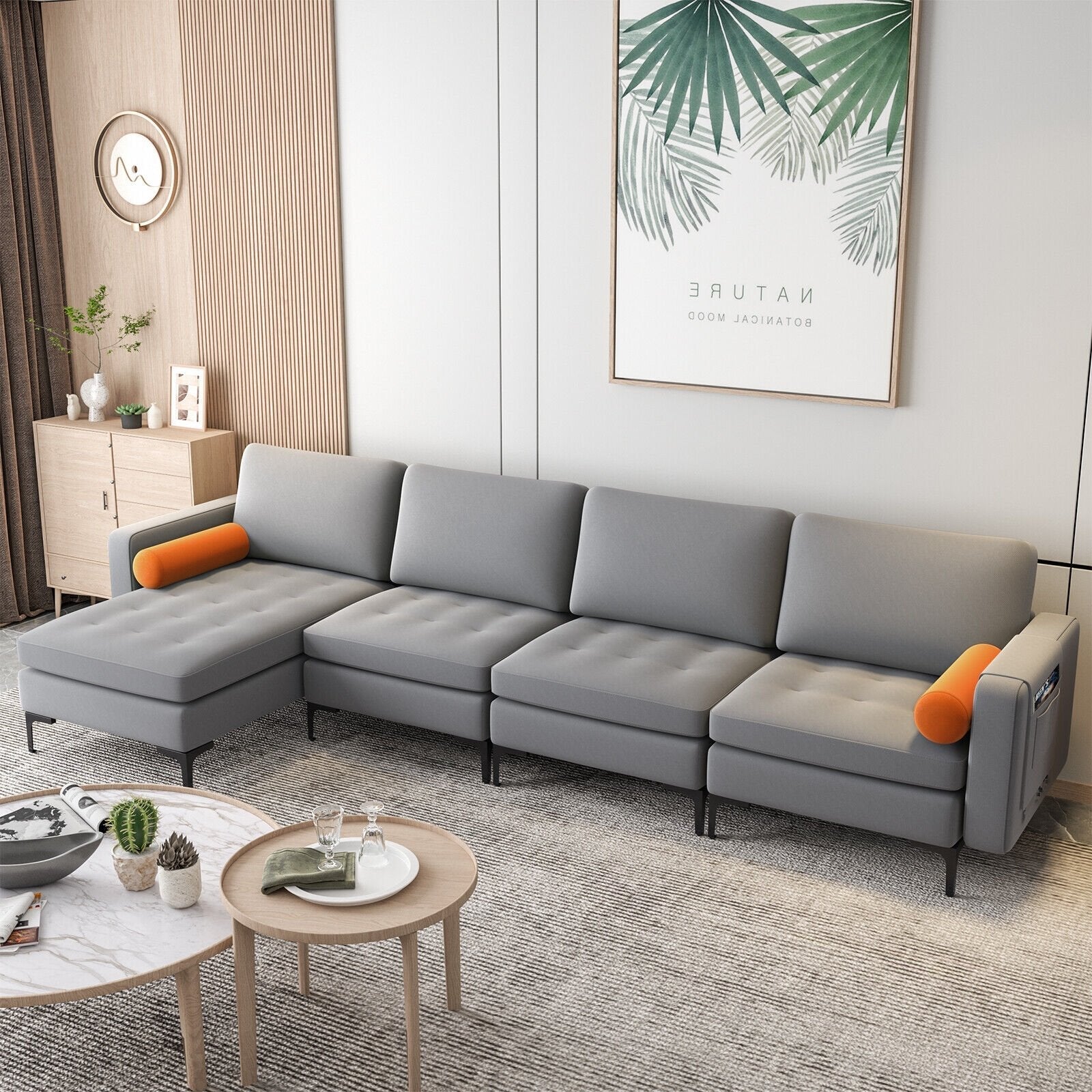 Modular 2-seat/3-Seat/4-Seat L-shaped Sectional Sofa Couch with Reversible Chaise and Socket USB Ports-4-Seat L-shaped-Army Green