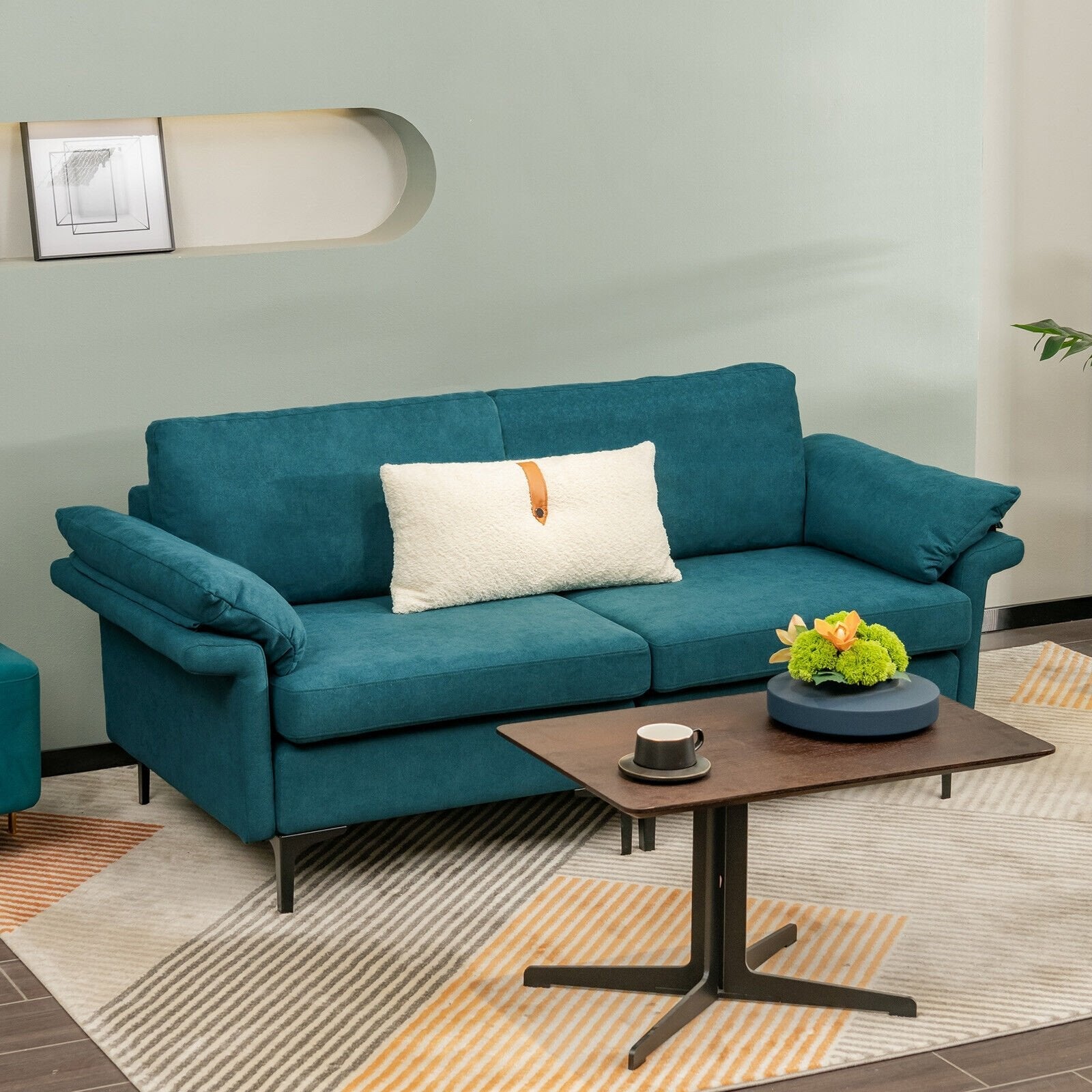 Modern Fabric Loveseat Sofa for with Metal Legs and Armrest Pillows-Army Green