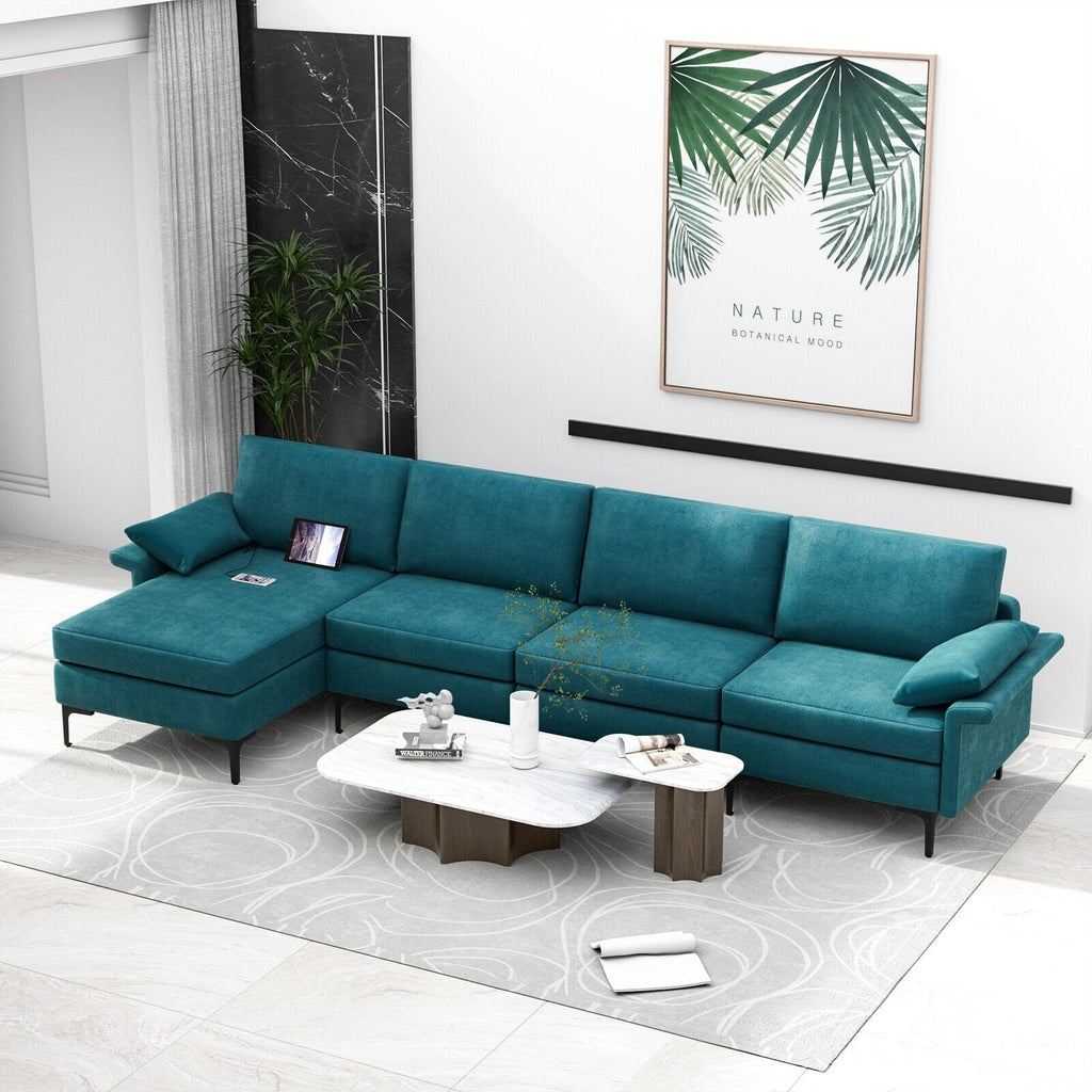 Extra Large L-shaped Sectional Sofa with Reversible Chaise and 2 USB Ports for 4-5 People-Army Green