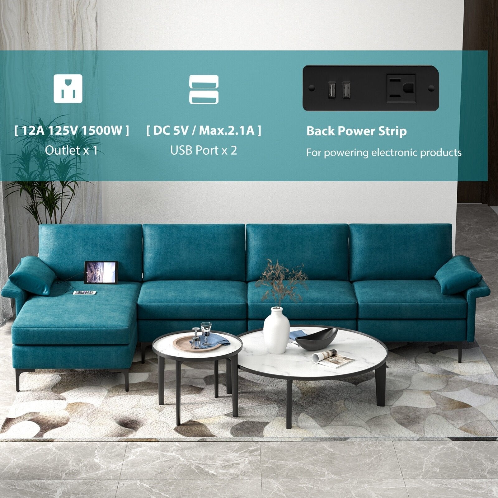 Extra Large L-shaped Sectional Sofa with Reversible Chaise and 2 USB Ports for 4-5 People-Army Green