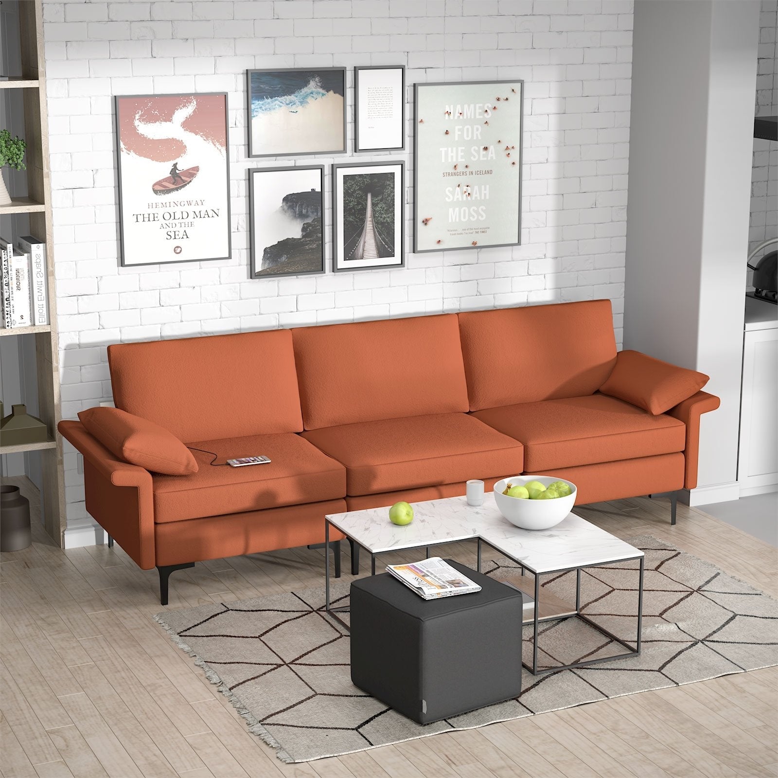 Large 3-Seat Sofa Sectional with Metal Legs and 2 USB Ports for 3-4 people-Green