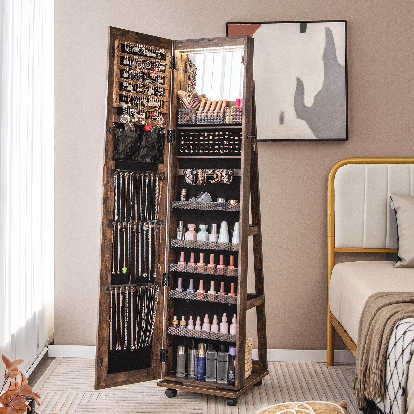 64 Inches Lockable Jewelry Cabinet Armoire with Built-in Makeup Mirror-Black