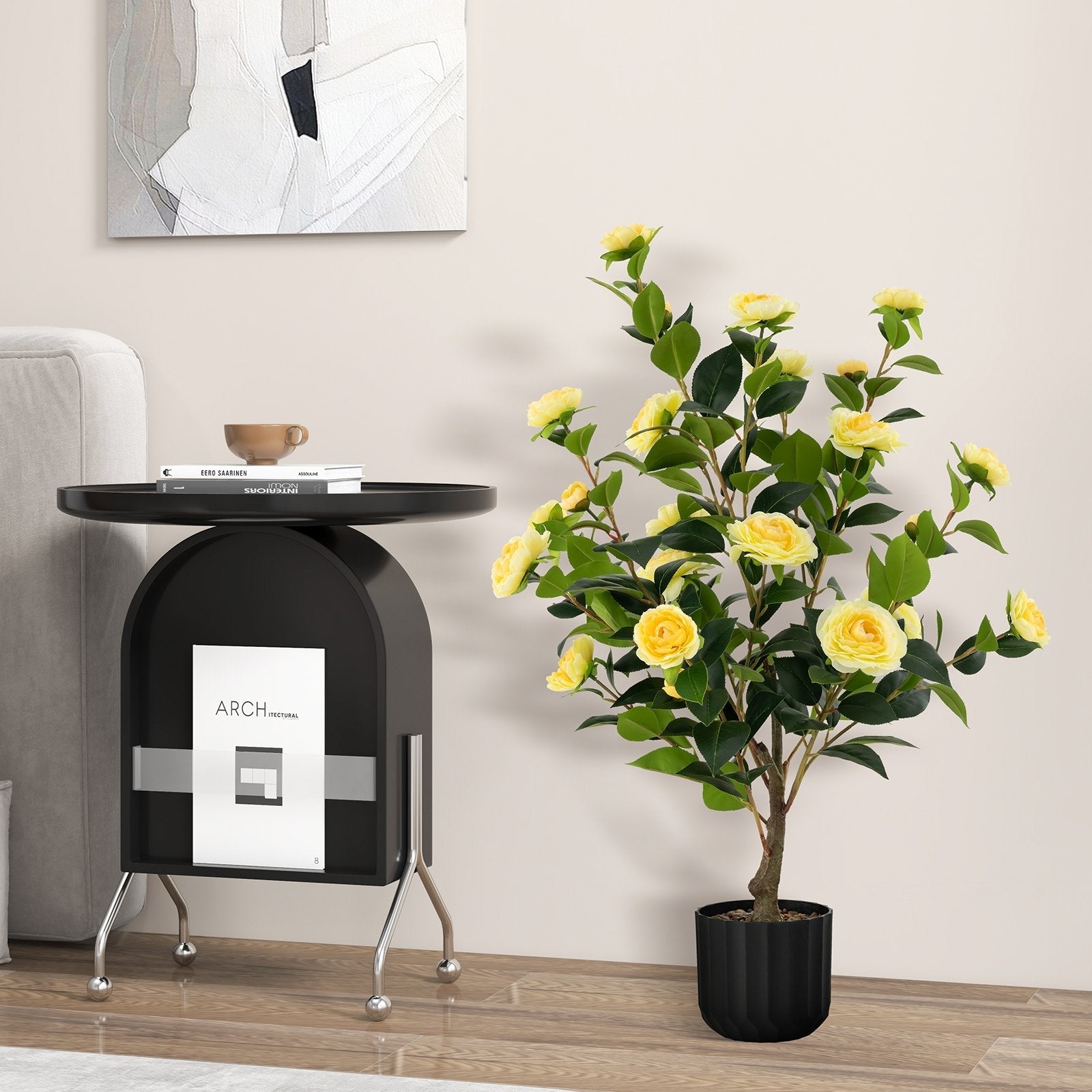 38 Inch Artificial Camellia Tree Faux Flower Plant in Cement Pot 2 Pack-Pink