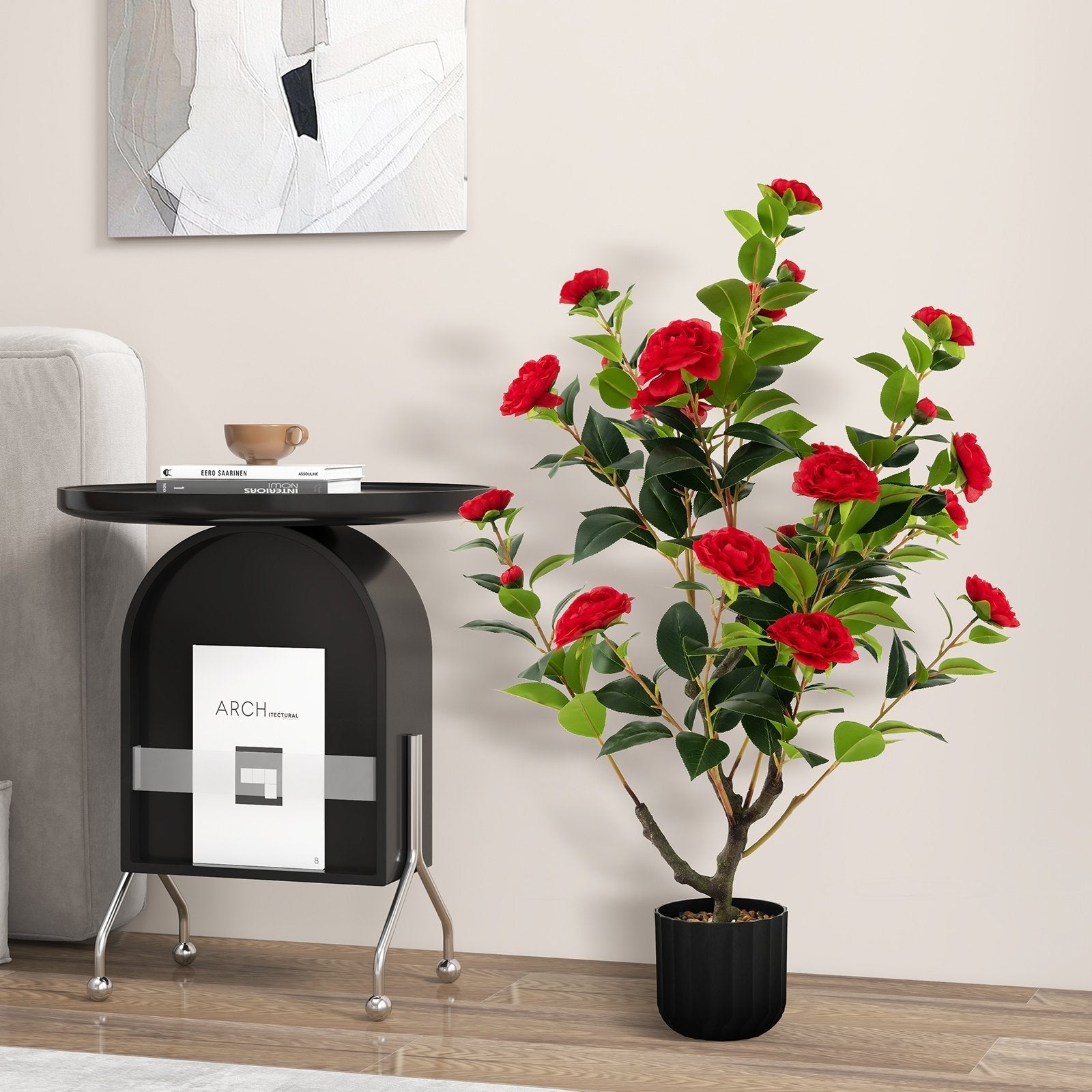 38 Inch Artificial Camellia Tree Faux Flower Plant in Cement Pot 2 Pack-Pink