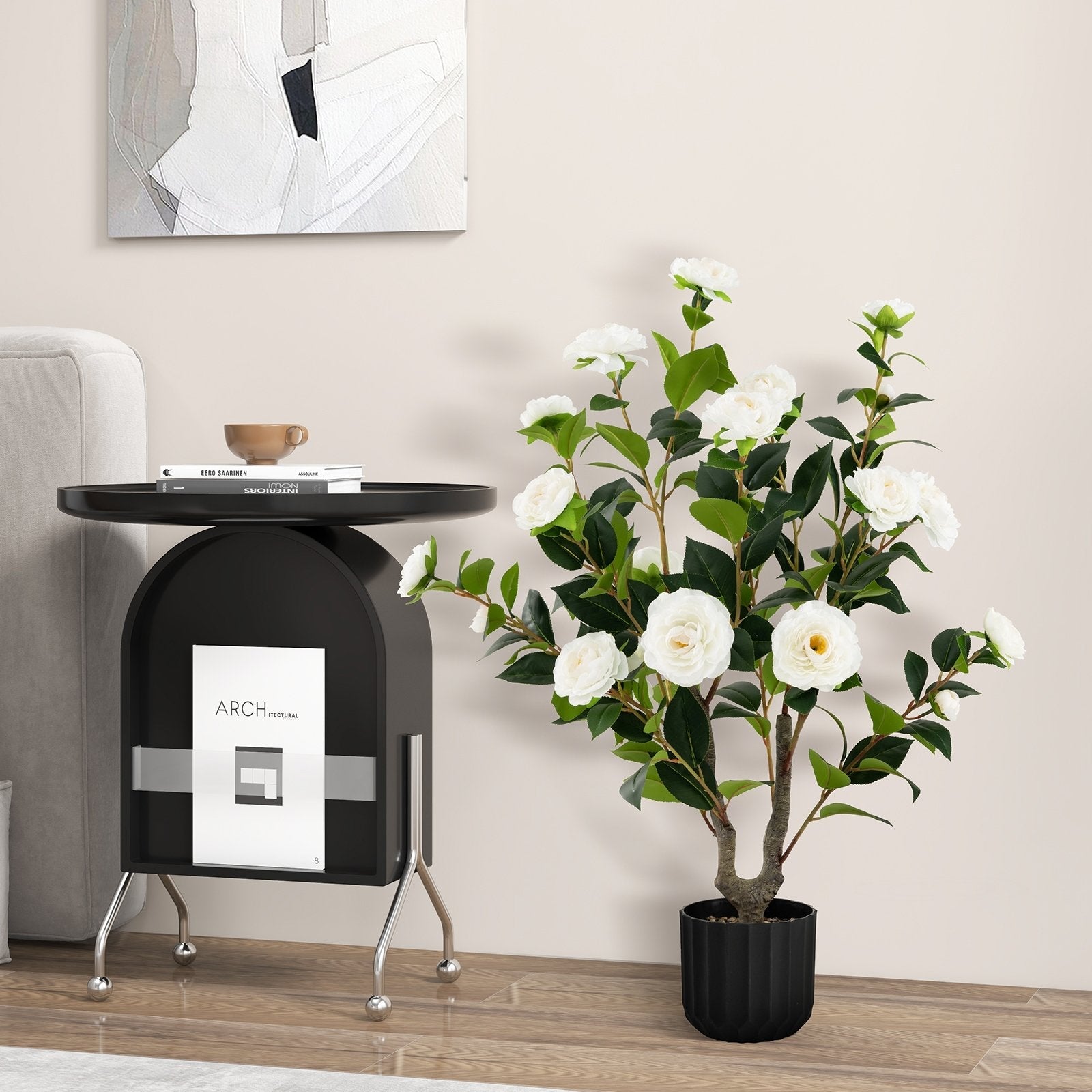38 Inch Artificial Camellia Tree Faux Flower Plant in Cement Pot 2 Pack-Pink
