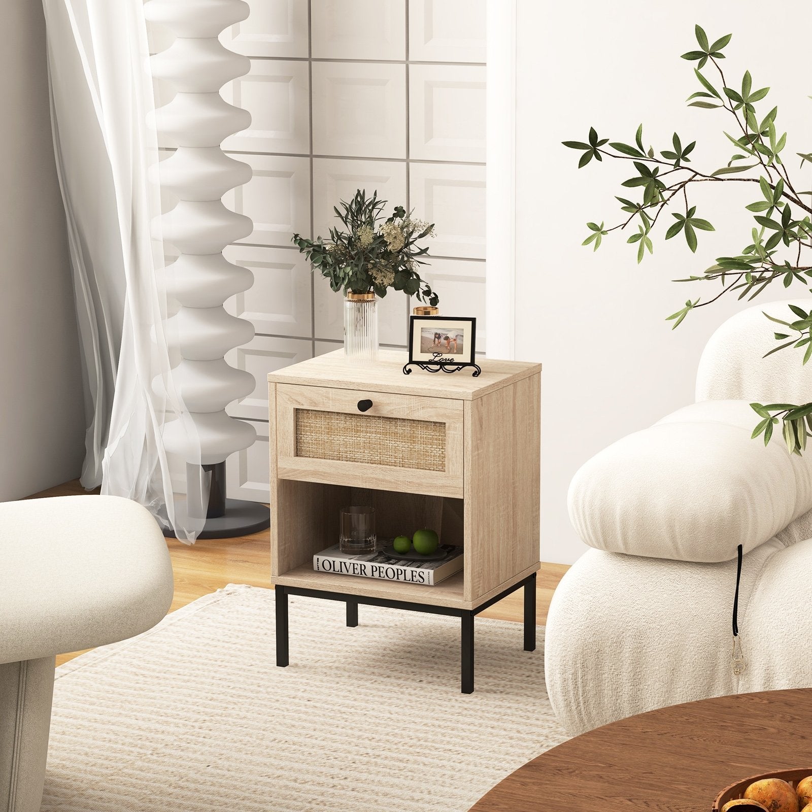 Rattan Nightstand Boho End Table with Rattan Drawer and Open Shelf-Natural